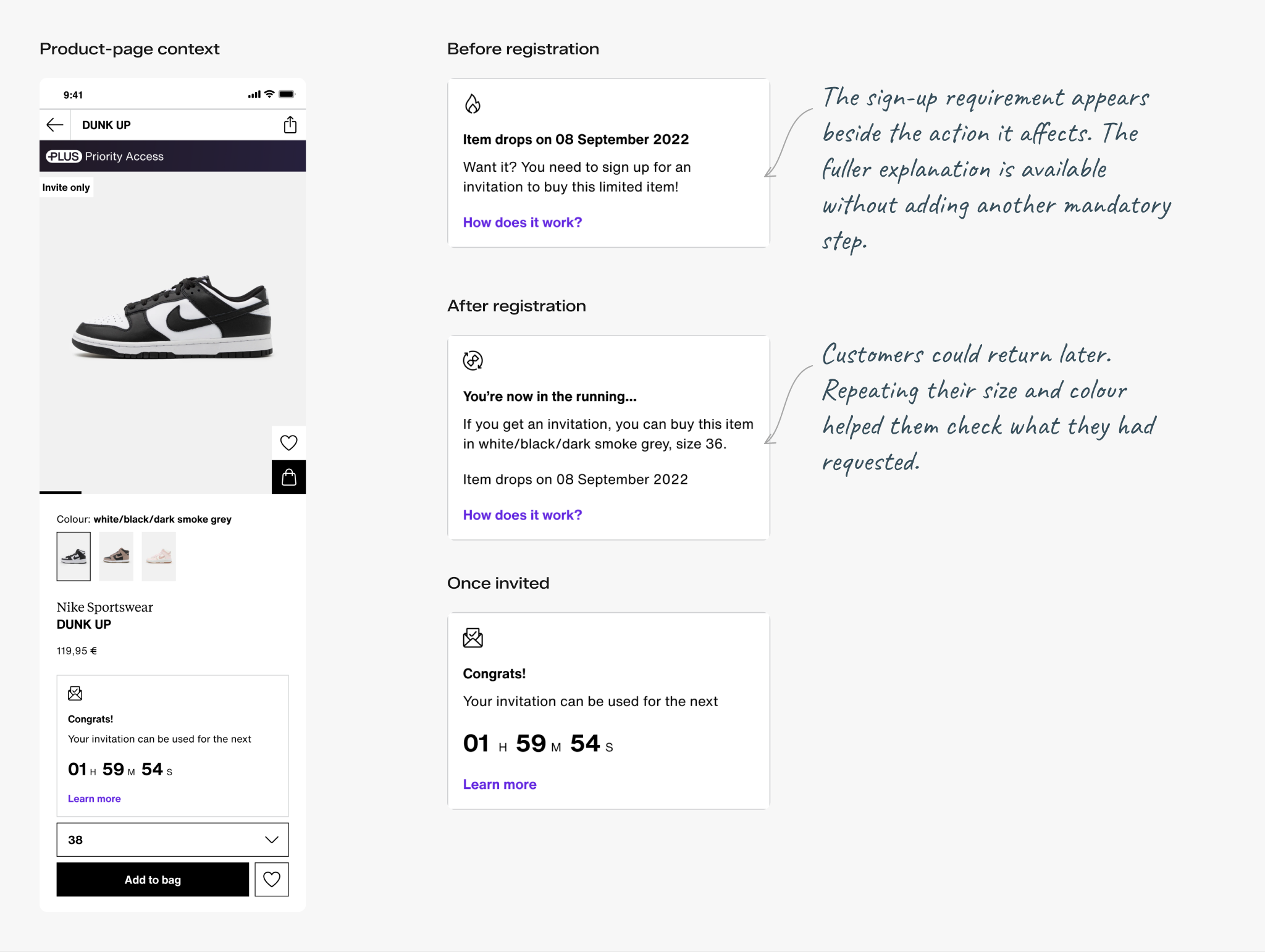 Shared product-page messages before registration, while waiting and once invited