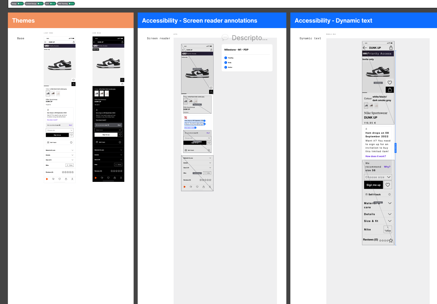 Figma specification boards showing light and dark product pages, numbered screen-reader annotations, and dynamic-text layouts side by side