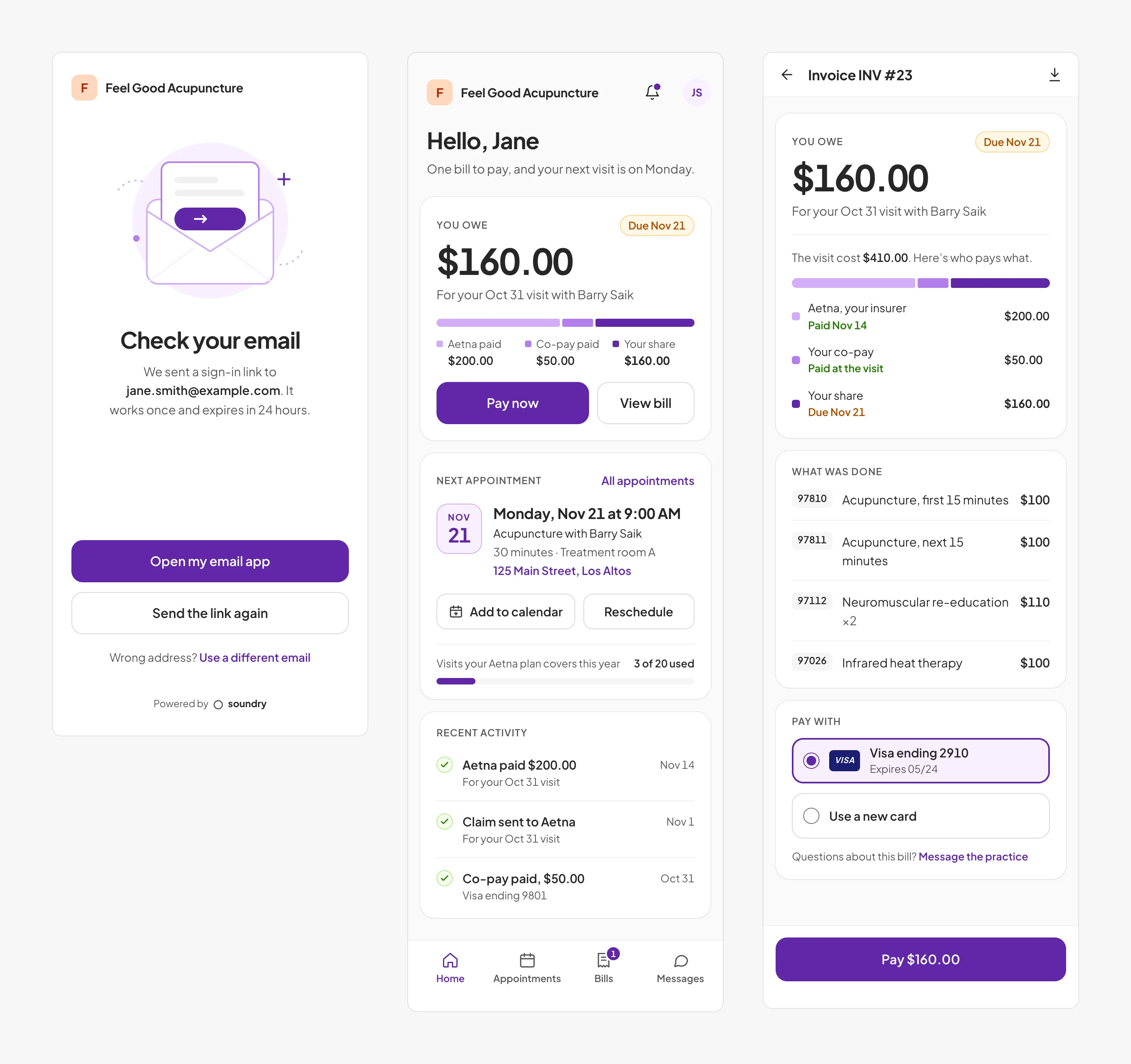 The patient app on a phone: a sign-in link sent by email, the home screen with $160.00 owed and the next appointment, and the bill split between the insurer, the co-pay and the patient